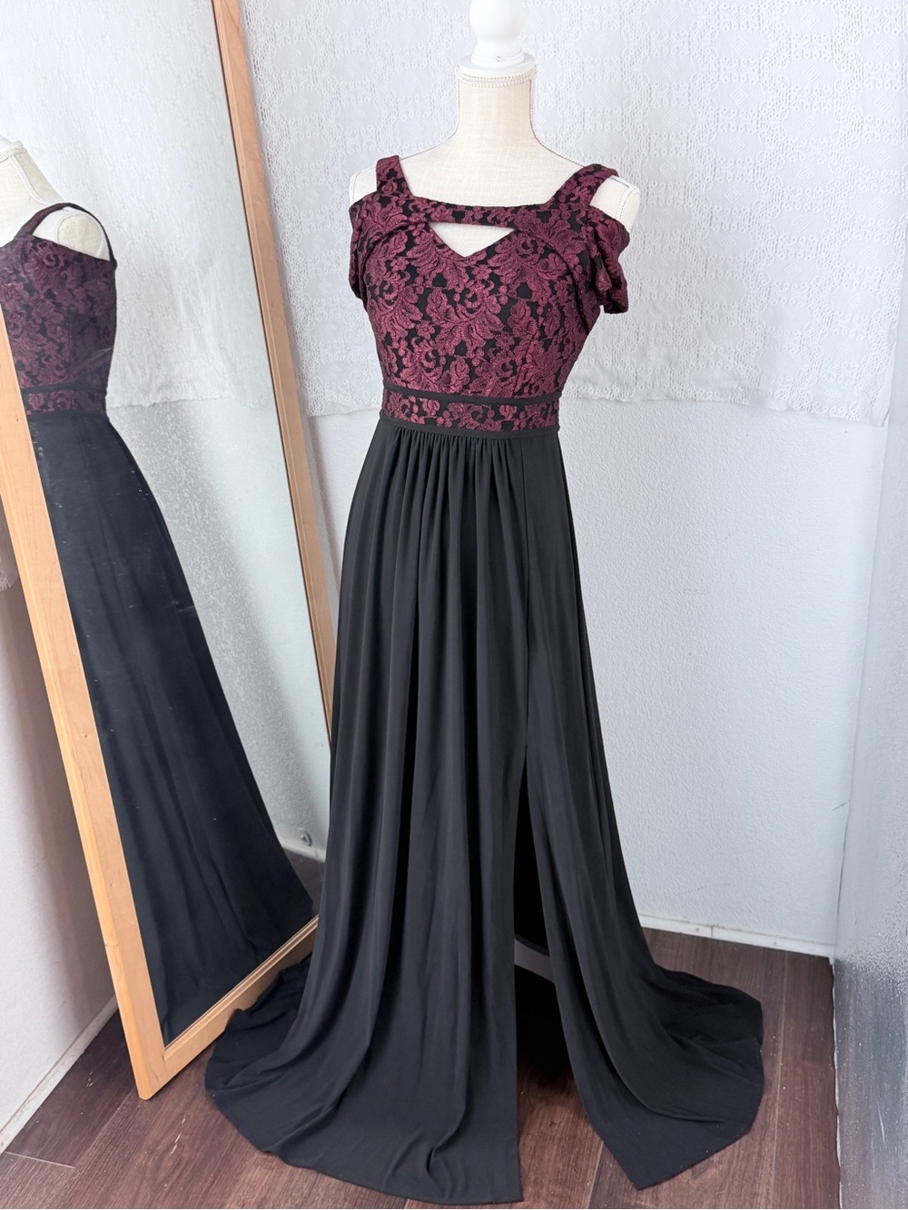 Night Way Collections Black Gown with Burgundy Lace Bodice